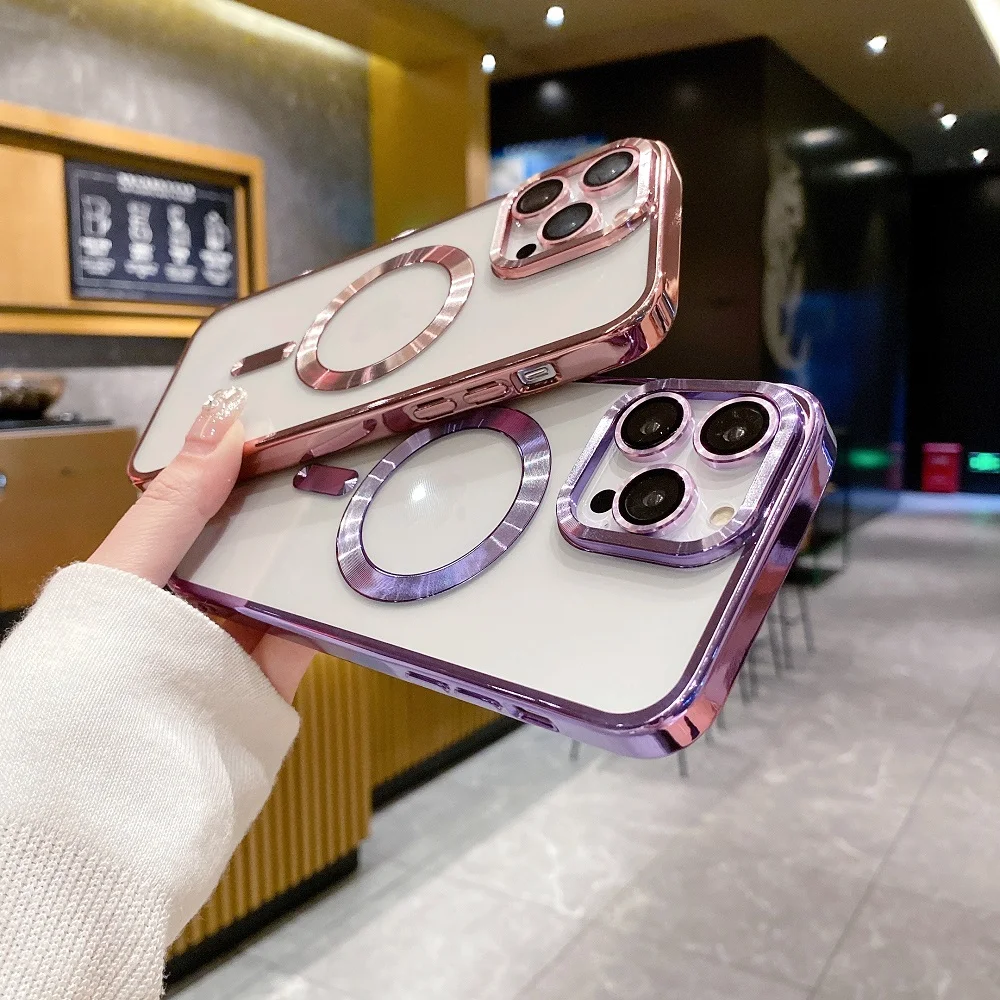 Shockproof Tpu Magnetic Phone Case with Lens Film Set Luxury Wireless Charging Phone Case for Iphone 12 13 14 15 16 Pro Max