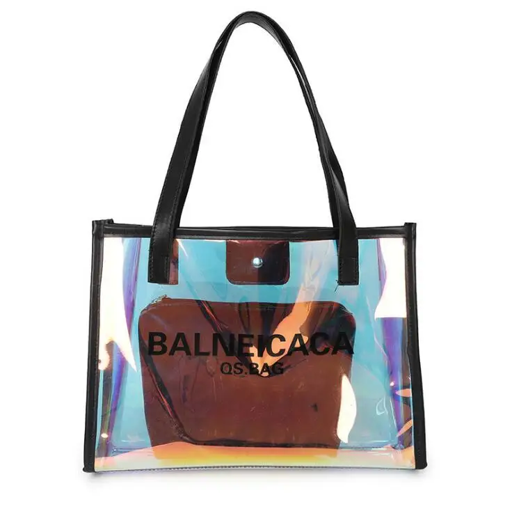 PVC Transparent Tote Bag Kit Love Letter Prints Clear Strip Fashion Design  Summer Beach Handbag For Women With Inner Small Purse