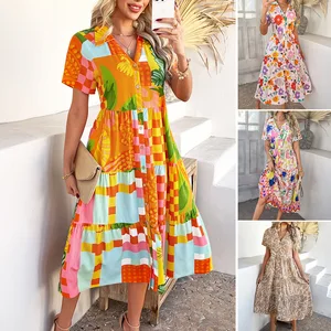 2026 Womens Summer Button Down Floral Babydoll Maxi Dress Ruffle V Neck Short Sleeve Sundress