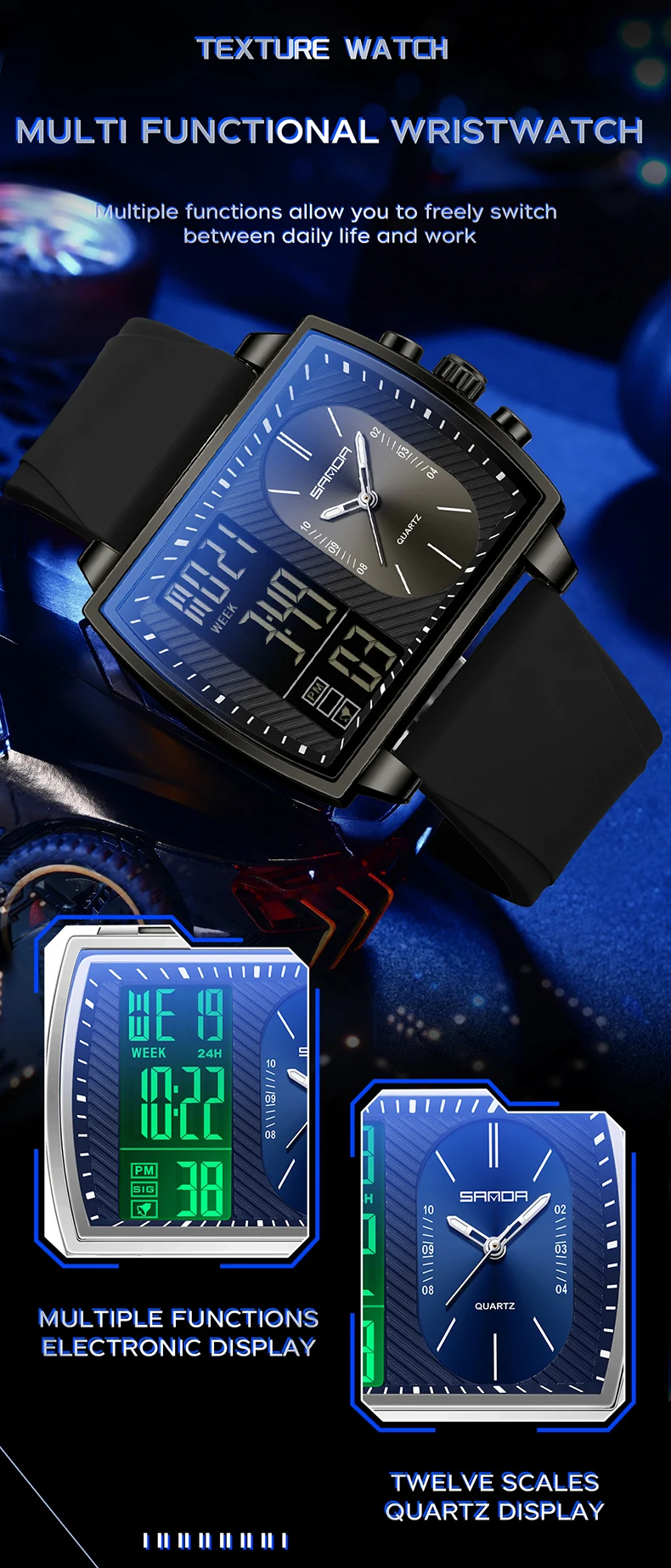 Sanda 6238 Multifunctional Luminous Waterproof Watch For Men
