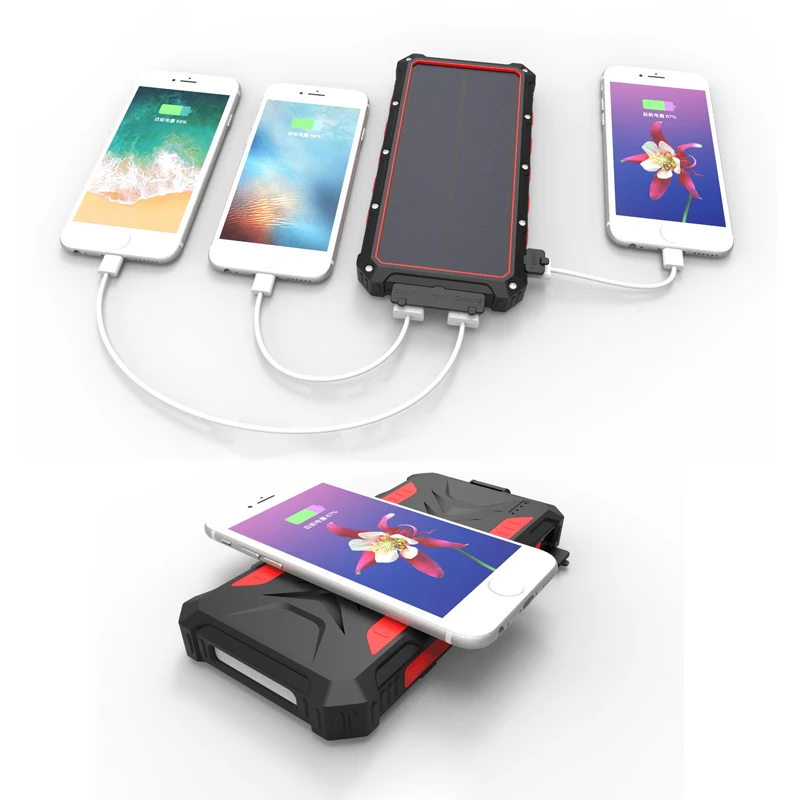 High quality portable solar mobile charger USB wireless charging outdoor waterproof and illuminated power bank