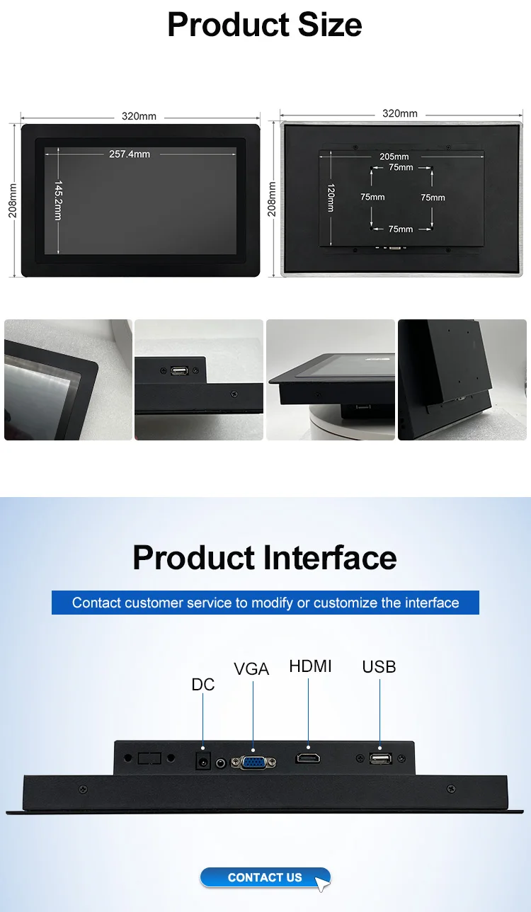 11.6 Inch 1366x768 IPS 1920x1080 for VGA USB Capacitive Touch Metal Aluminum Frame TFT Industrial Monitor