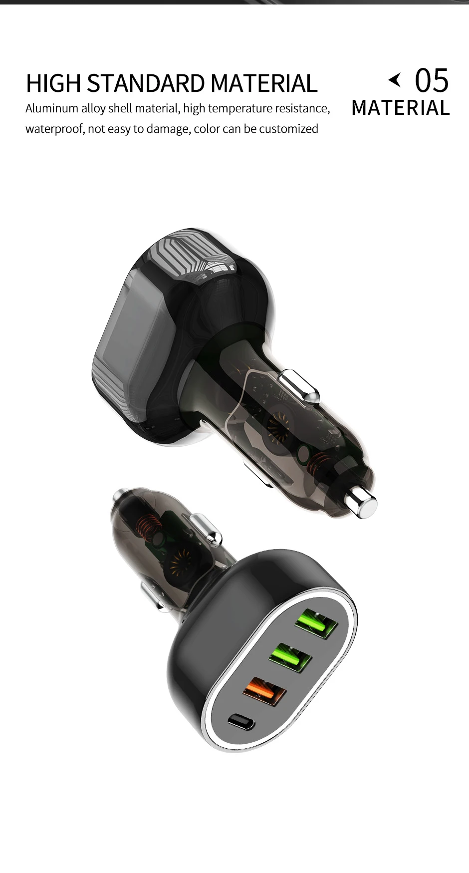 APPACS C68 车载充电器,带三个 USB-A 和一个 USB-C 接口,63W 快速充电,RoHS 和 CE 认证