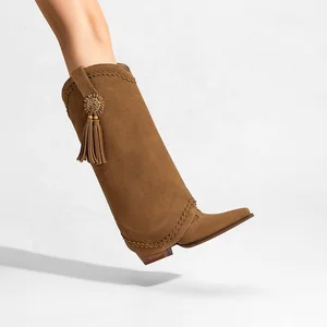 Customizable Women's Suede Fringe Tassel Pointed Toe Knee-High Cowboy Boots Summer Floral Comfort Western OEM ODM Manufacture