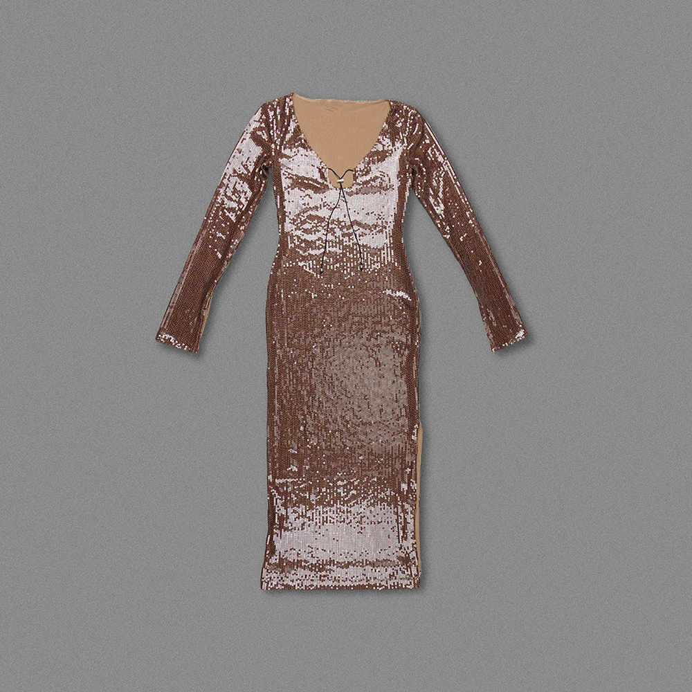 knee length dresses for ladies La Femme Long Sleeve Sequin Plus Size Dress with Slit - Black main image 0