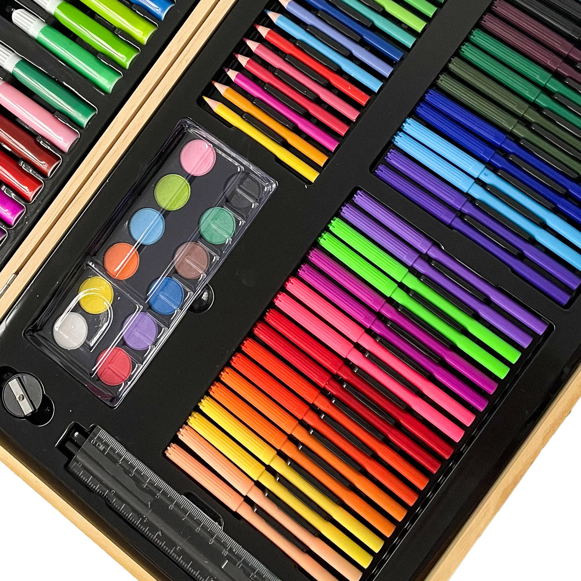 Wooden Art Box & Drawing Kit With Crayons Oil Pastels Colored Pencils Watercolor Cakes Sketch