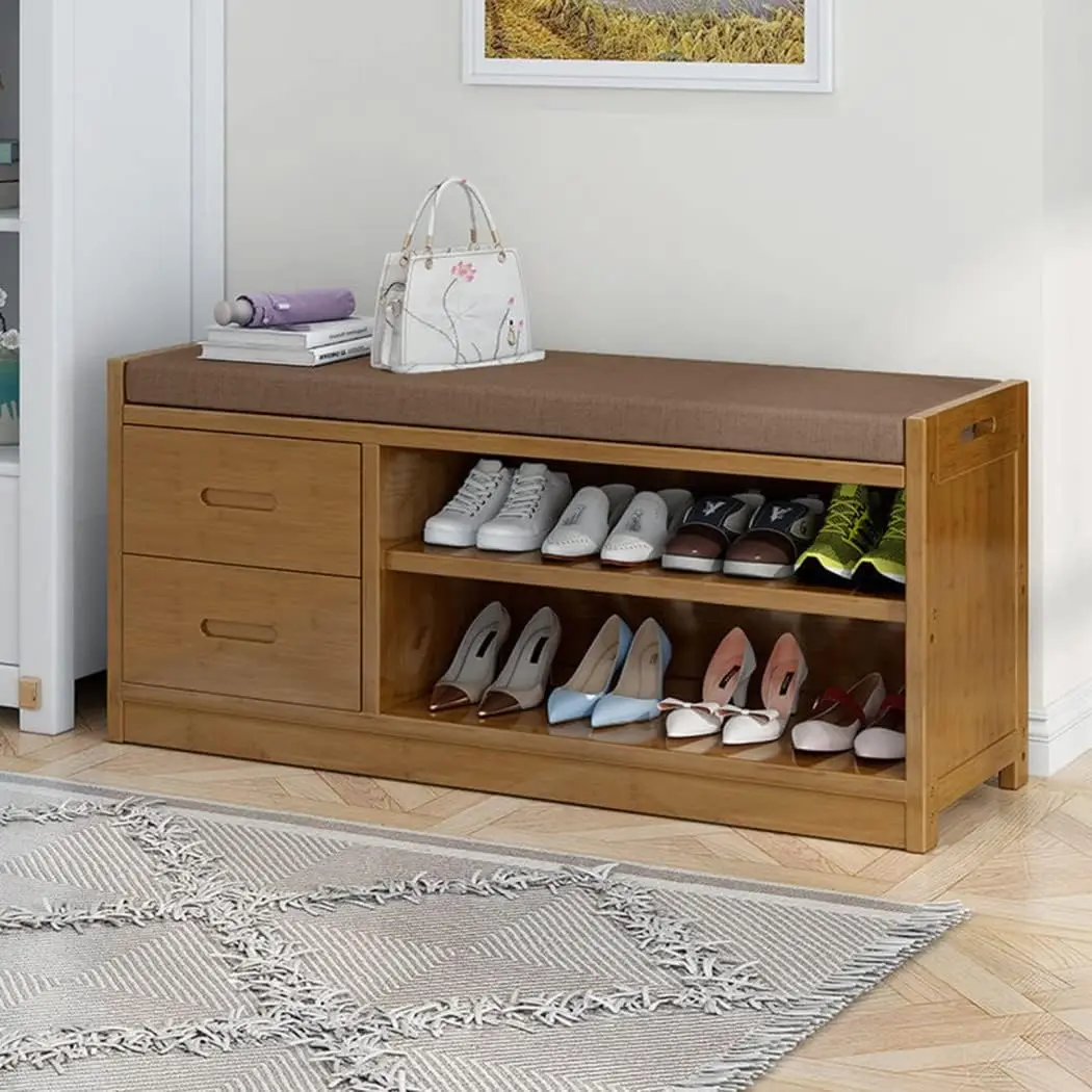 2-tier Shoes Bench With Hidden Storage Cabinet And Cushioned Seat ...