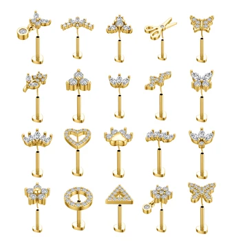 10Pcs/set Gold Helix Tragus Earring Stud 18g 8mm Threadless Push in Earring Labret Flat Back Flower Cartilage Piercing Jewelry