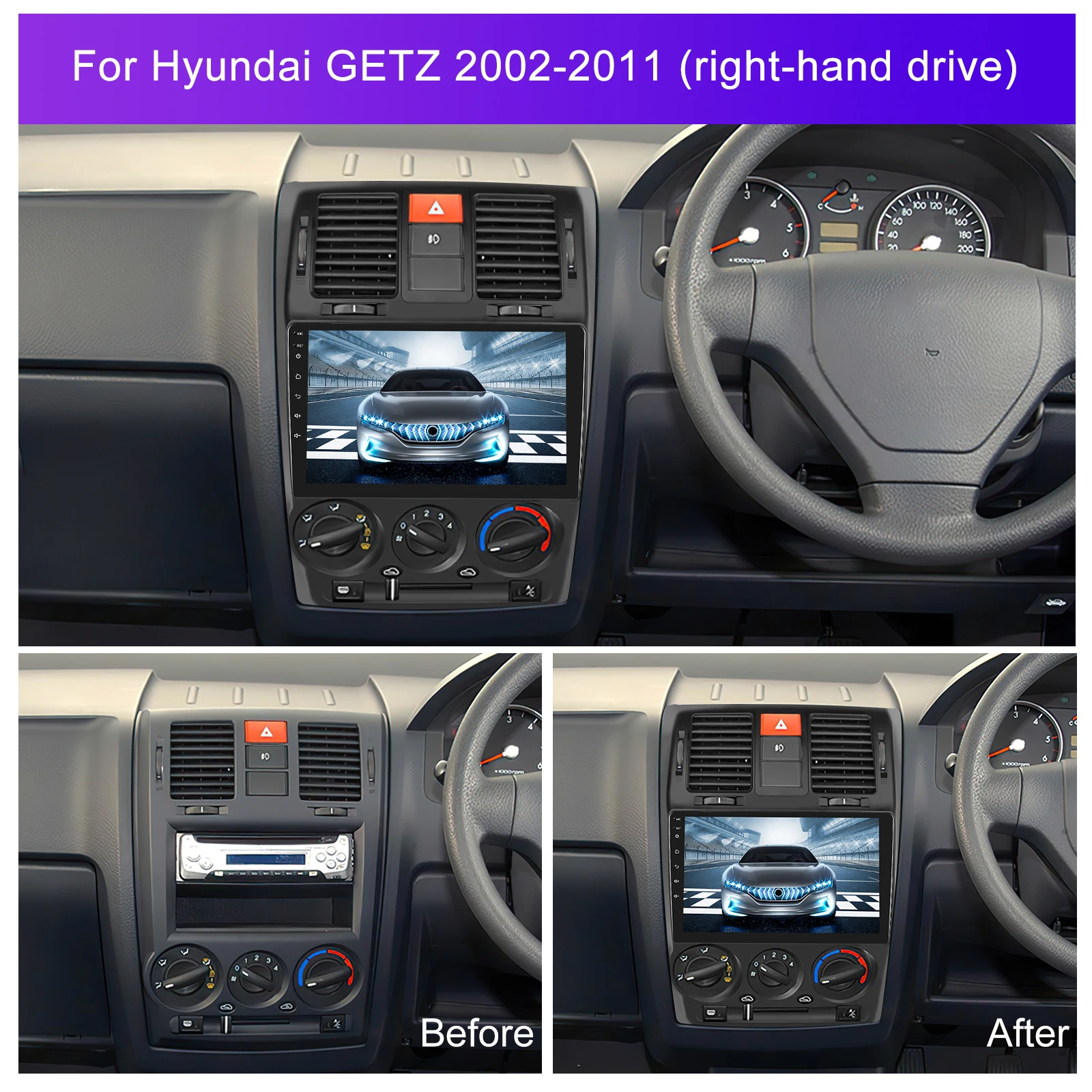 Podofo Double Din 9 Inch Android Car Stereo for Hyundai GETZ 2002-2011 Carplay Android Auto GPS Wifi Hifi RDS Support AHD Camera
