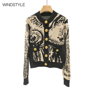 Women's Fashion Knitted Cardigan Top Jacket Crew Neck Contrast Jacquard Style with Button Decoration Long for Autumn Season