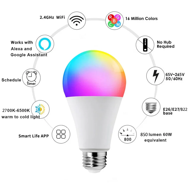 Smart Bulb Alexa Wifi Smart Bulb Controlled by Tuya App Alexa and Google RGB Color Changing