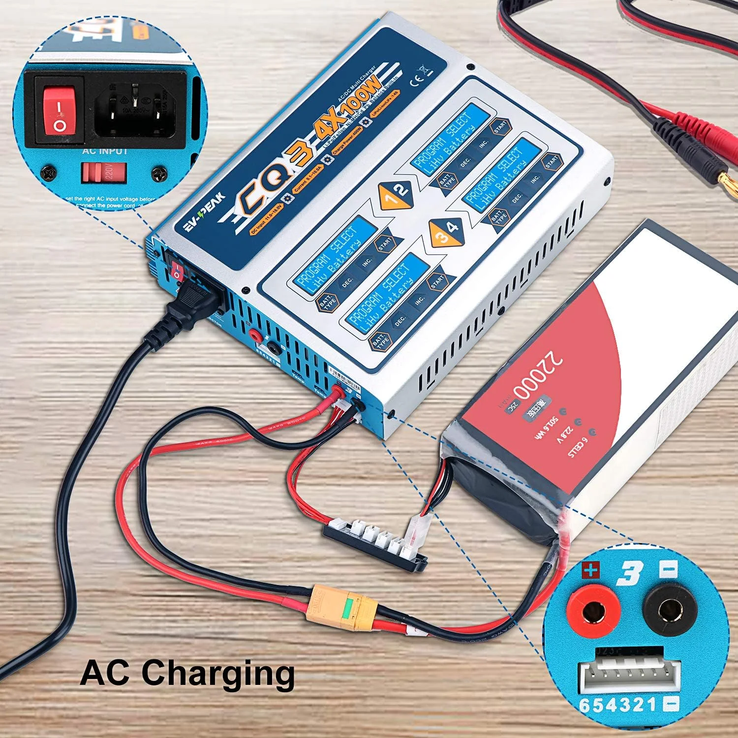 EV-PEAK CQ3 Lipo Battery Balance Charger - 100wx4 Channels