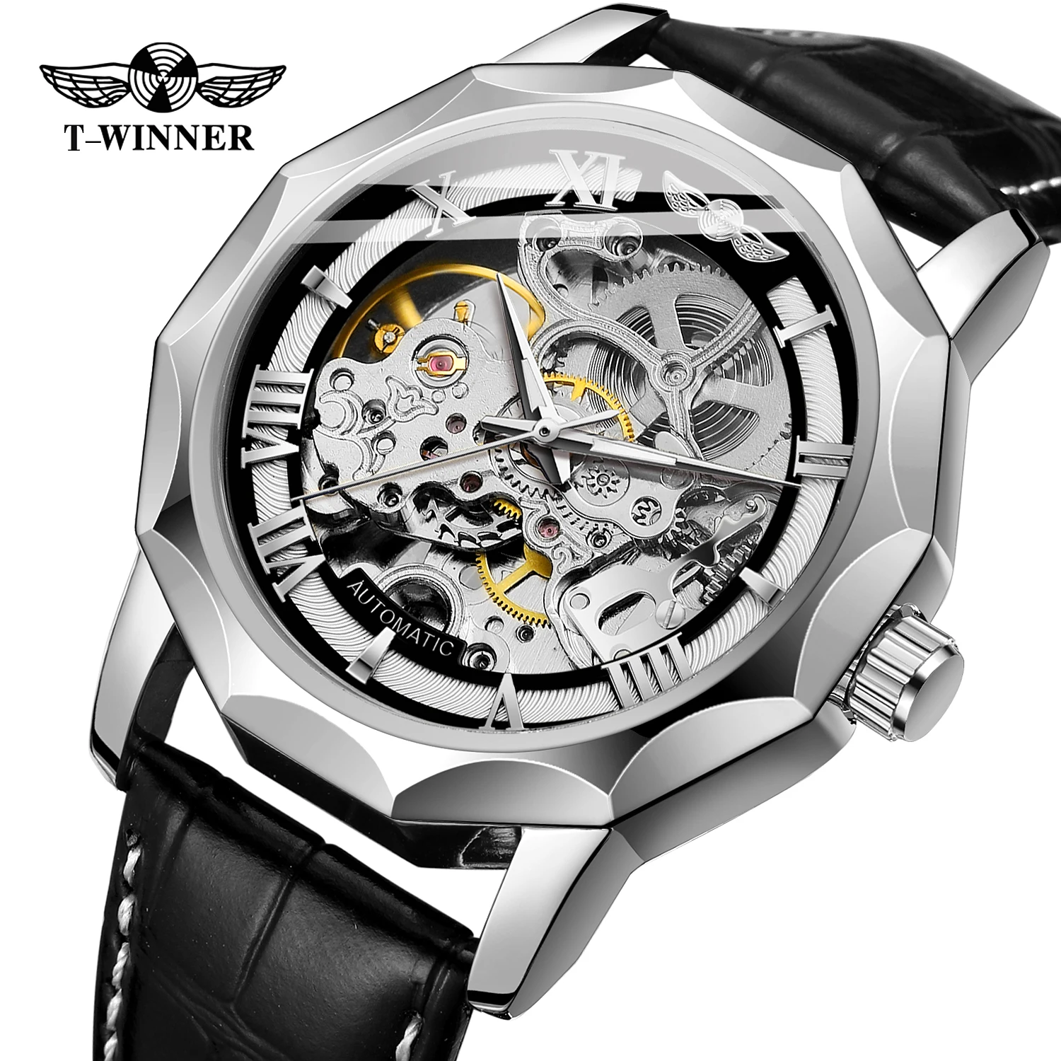 Men's Shanghai Automatic Skeleton Watch with Alarm New Genuine Leather Strap Charm Style