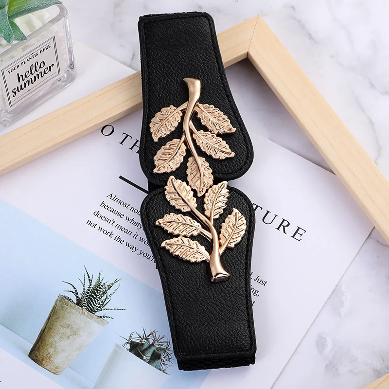 Wholesale 2023 Factory Gold Leaves Buckle Women Belts Elastic Ladies Fashion Wide Fancy Belts for Dress,2 Pieces