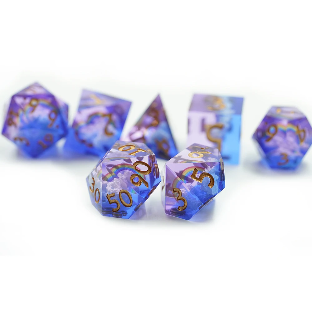 Rainbow and Clouds Resin DND Dice Set Core Sharp Edge DICE with Gold Number details
