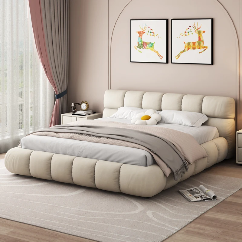 Italian Cloud Bed Simple Technology Cloth Double Bed Light Luxury Cream Color Fabric Bed Bedroom Furniture