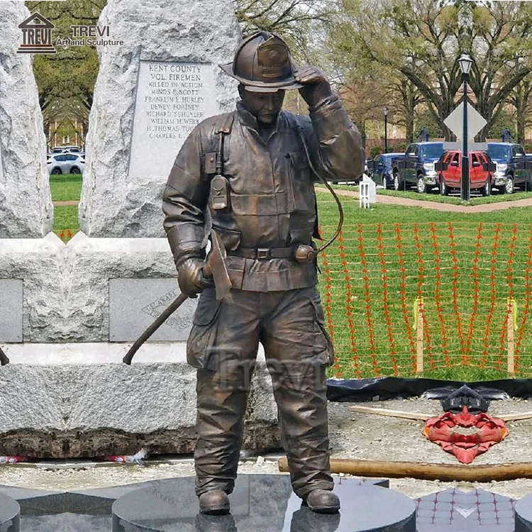 Street Decoration Brass Life Size Bronze Memorial Sculpture Firefighter