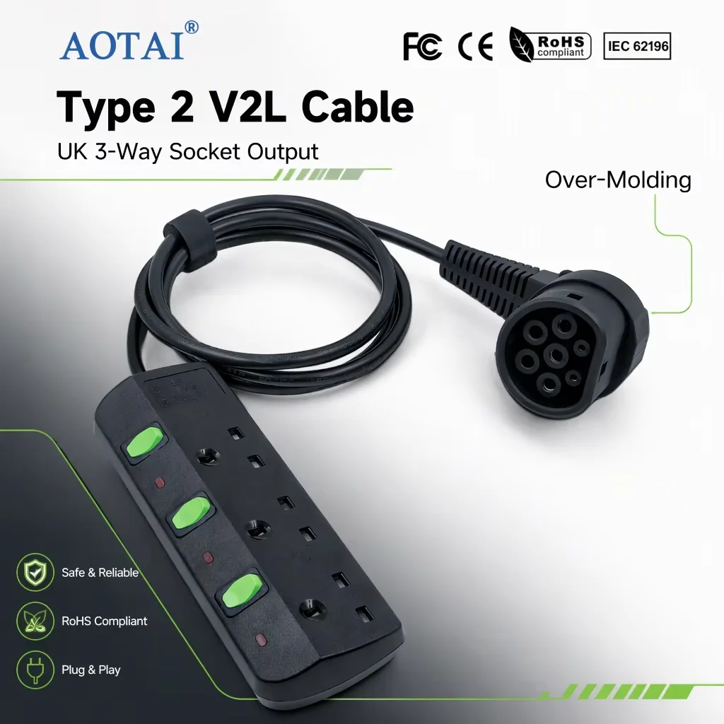 AOTAI Type 2 V2L Cable with UK 3-Way Socket EV Vehicle-to-Load Discharge Cable for BYD Omoda Jaecoo GWM TANK