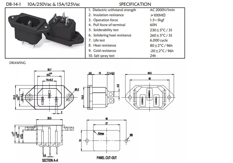 C14 Power Socket 10A 250V 3pins IEC320 C14 Male Power Socket Snap in Connector Electric Inlet With Screw Fixing Hole for PDU UPS