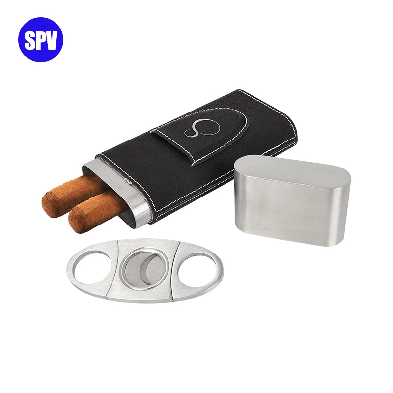 Estuche para cigarros en blanco de cuero sintético con láser negro/plateado con cortador