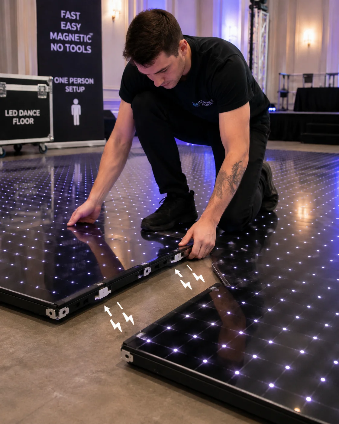One person assembling magnetic LED dance floor tiles during a fast tool-free setup