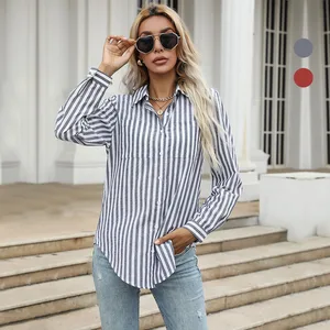 Autumn New Women's Long-Sleeved Loose Retro Striped Tops Lapel Cardigans with Button Decoration Office Casual Light Jackets
