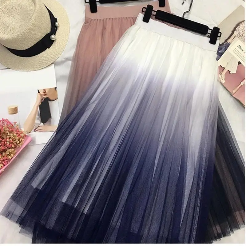 Mesh High Waist Pleated Women's Long Skirt A-line Tulle Gradient Student Women Skirts 2020 Spring Summer Fashion Elegant416_voghion.com