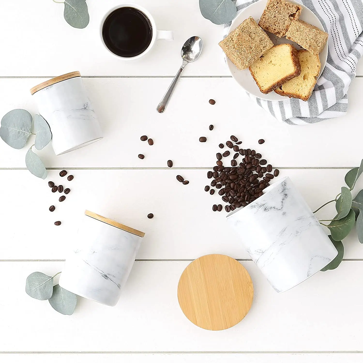 Set of 3 Marble Ceramic Food Storage Jar Coffee Sugar Tea Canister Porcelain Salt Sugar Container