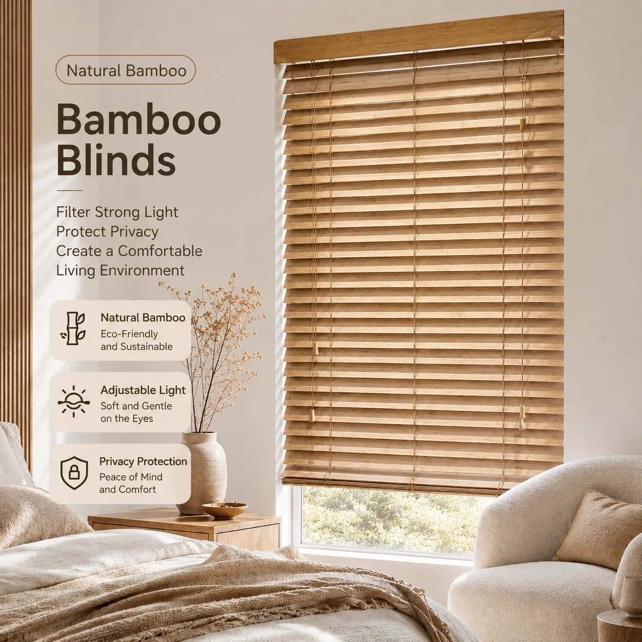 Natural Eco Friendly 50mm Slats Horizontal Bamboo Wood Venetian Blinds for Home Office Hotel Window Decoration