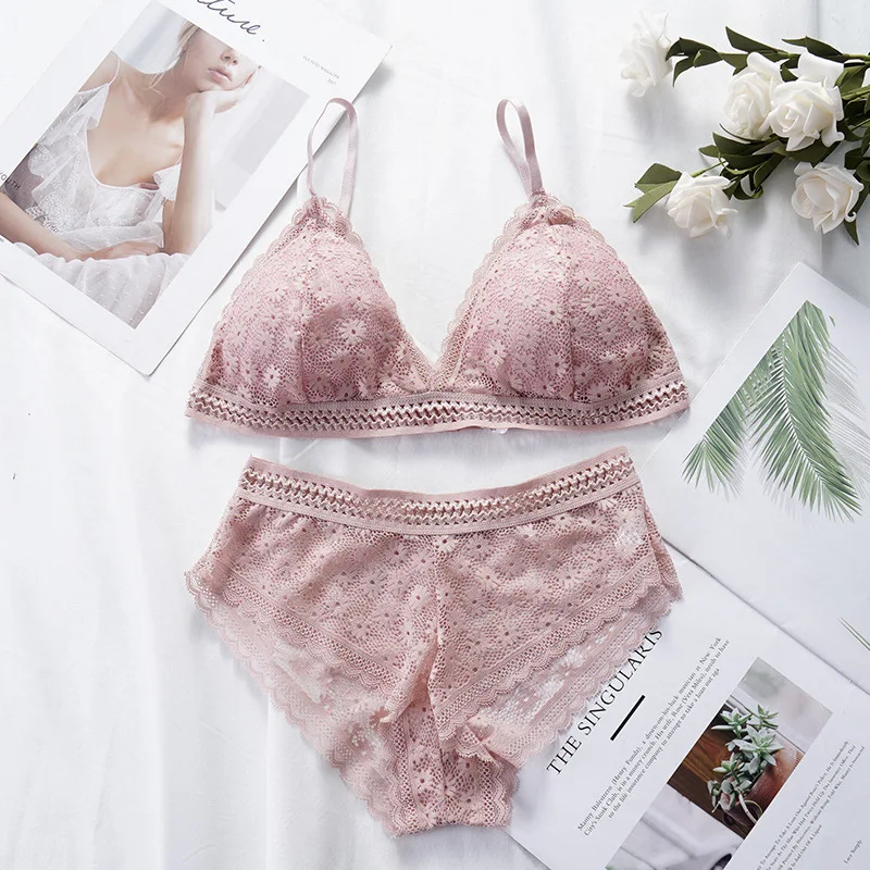 Women Summer Sexy Lingerie Set Floral Lace Wireless Bra Top + High ...