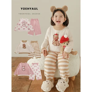 YOEHYAUL LD0065 Winter Soft Knit Children's Homewear Pajama for Kids Girls Set Cartoon Thick Children's Winter Pajamas Sleepwear