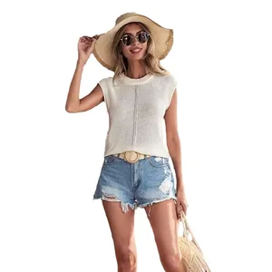 Women's Casual Round-Neck Knit Tops Lightweight Summer Sweater Vest Solid Pattern O-Neck Design for Vacation Style
