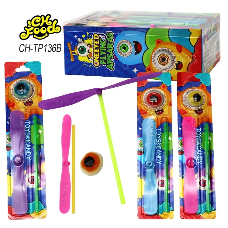 Low MOQ Wholesale Halal 3D Eyeball Gummy Candy with Plastic Bamboo Dragonfly Toy for Kids