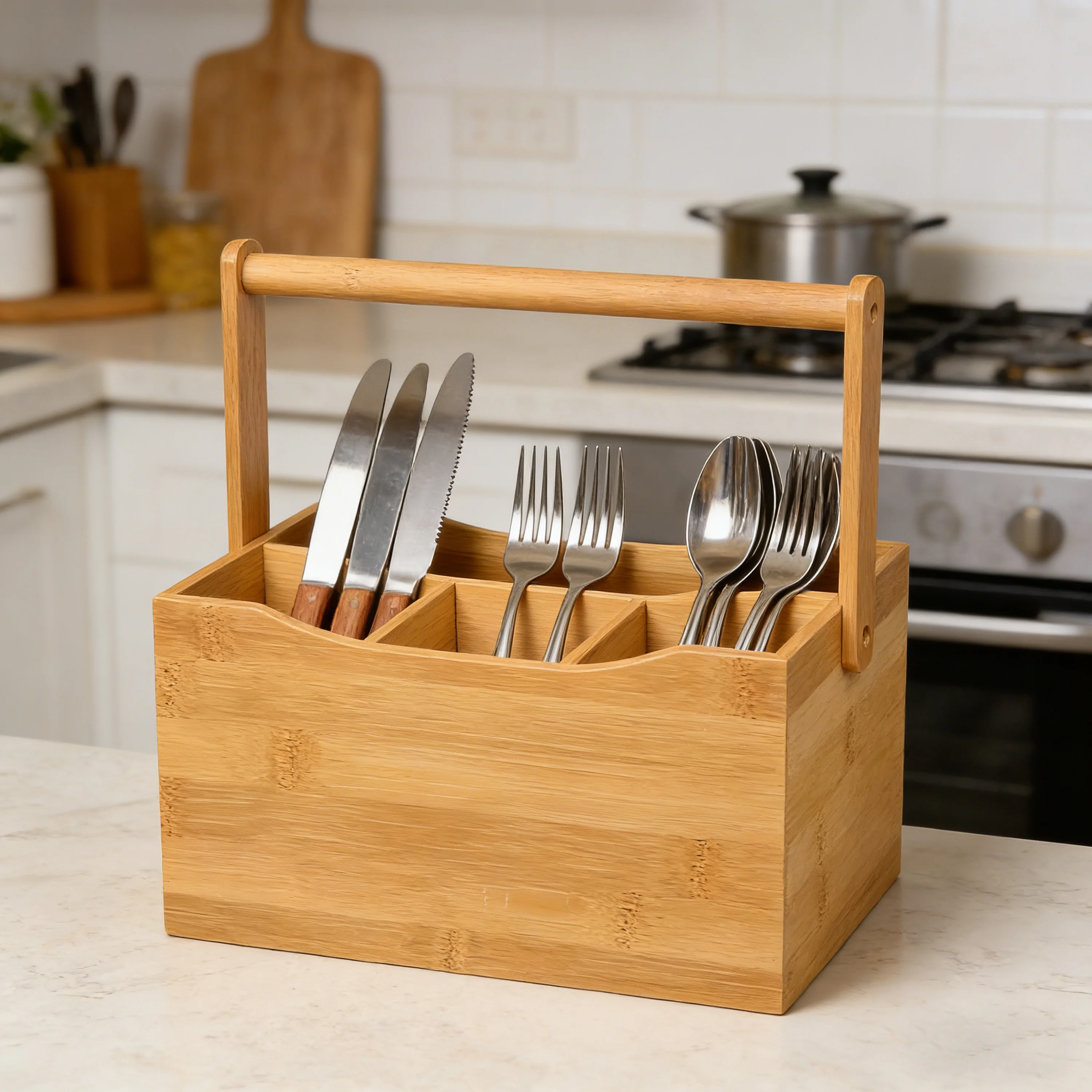Bamboo Utensil Caddy with Handle Silverware Holder for Kitchen Drawer Counter Flatware Organizer for Rustic Home Storage