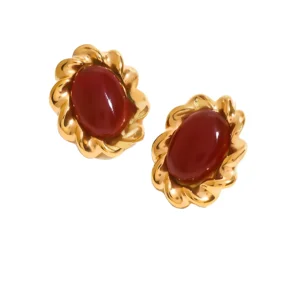 Minimalist 18K Gold Plated Stainless Steel Stud Earrings for Women European and American Style Red Agate Accessories
