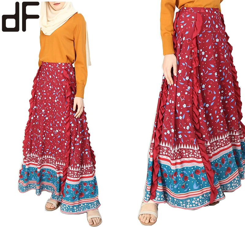 Day Look OEM Factory Customized Islamic Long Skirts for Women Maroon Floral Print Ruffle a Line Skirt Muslim Ladies Skirts