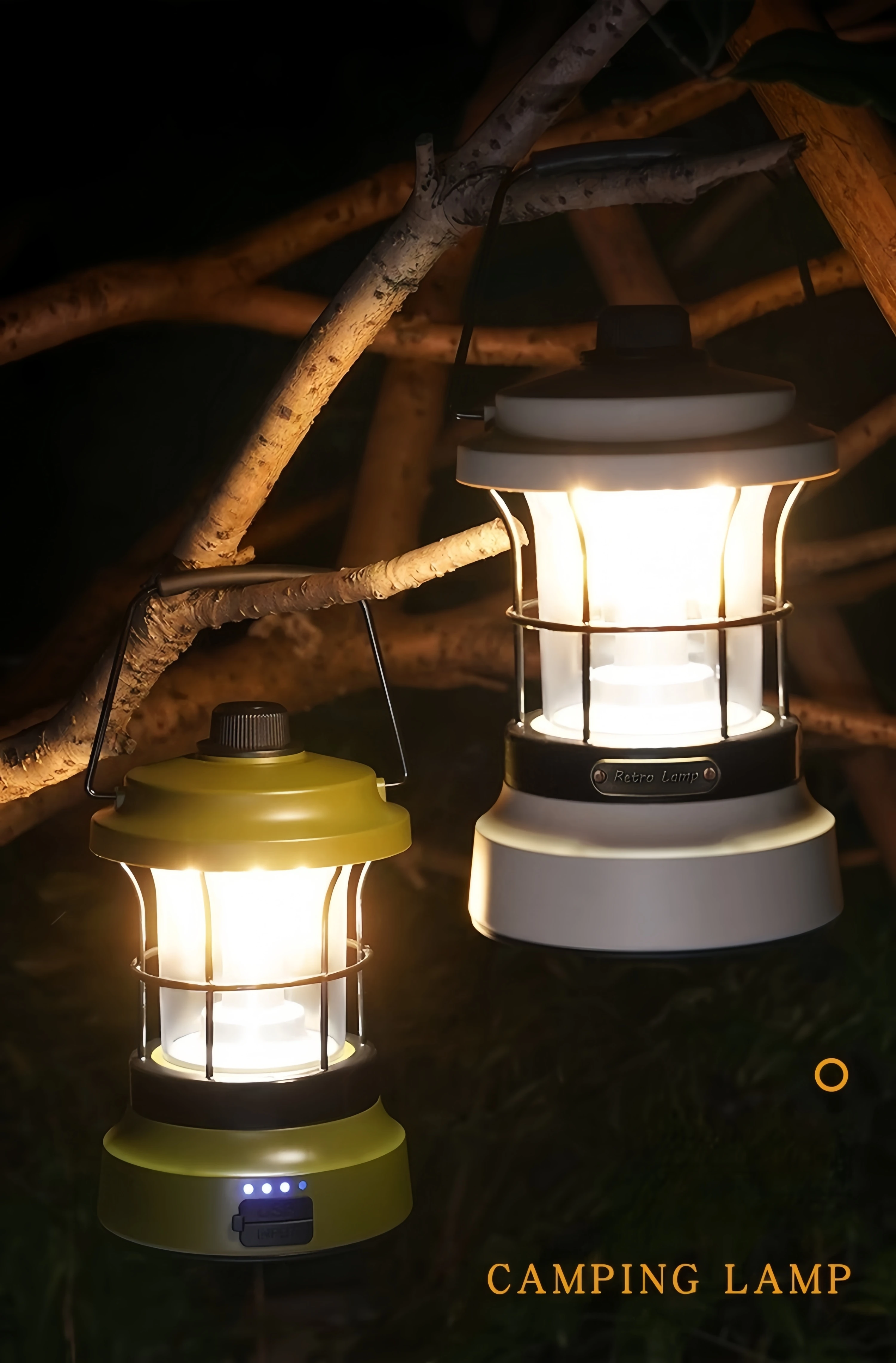 Retro USB-C Camping Lantern Power Bank Emergency Light Battery Indication Flashlight Portable Vintage  LED Warm Dim Tent Lamp