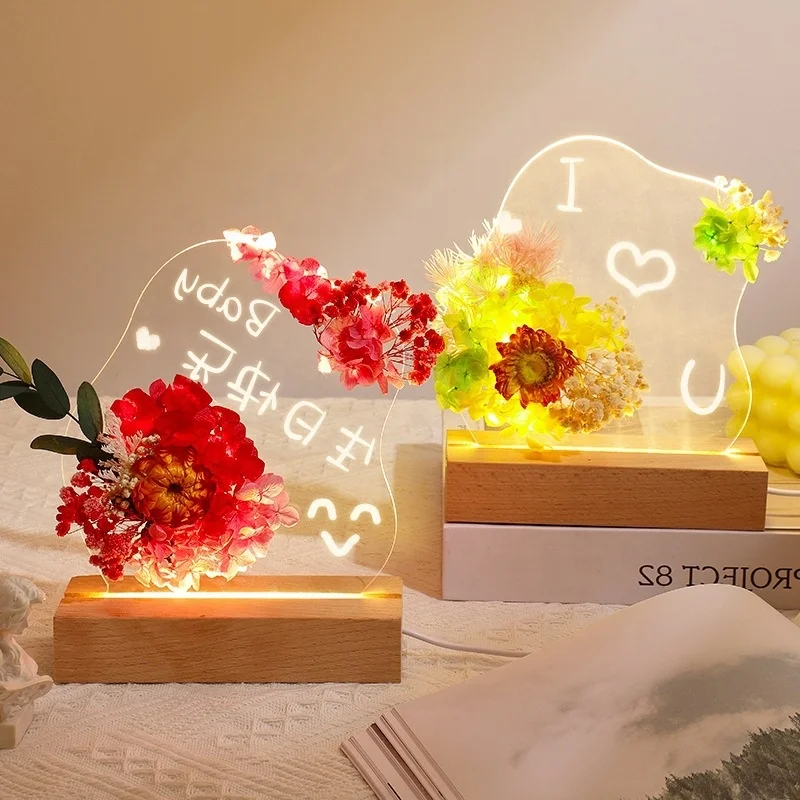 Diy Led Message Board With Flower 3d Night Light Acrylic Writing Board Led Light For Valentine's