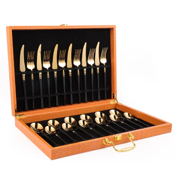 24 pieces stainless steel tableware gift box set with European gold plating