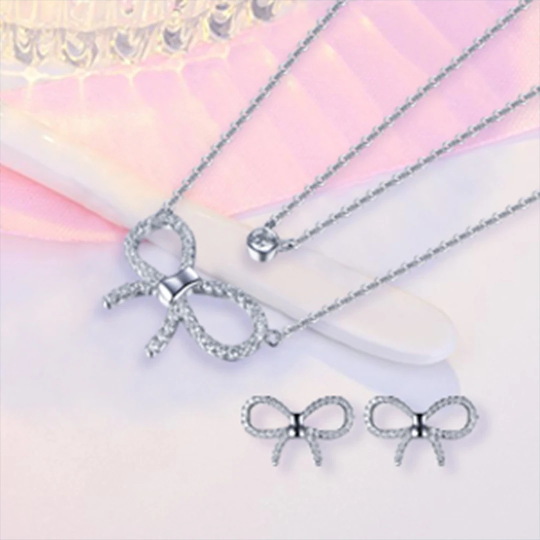 Fashion 925 sterling silver bow-knot necklace and earrings jewelry set for women