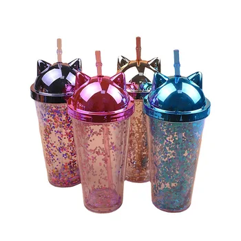 New Cute Cat Ear Double Wall Sippy Cup for Children Glitter Style Water Mug with Plastic Straw for Girls