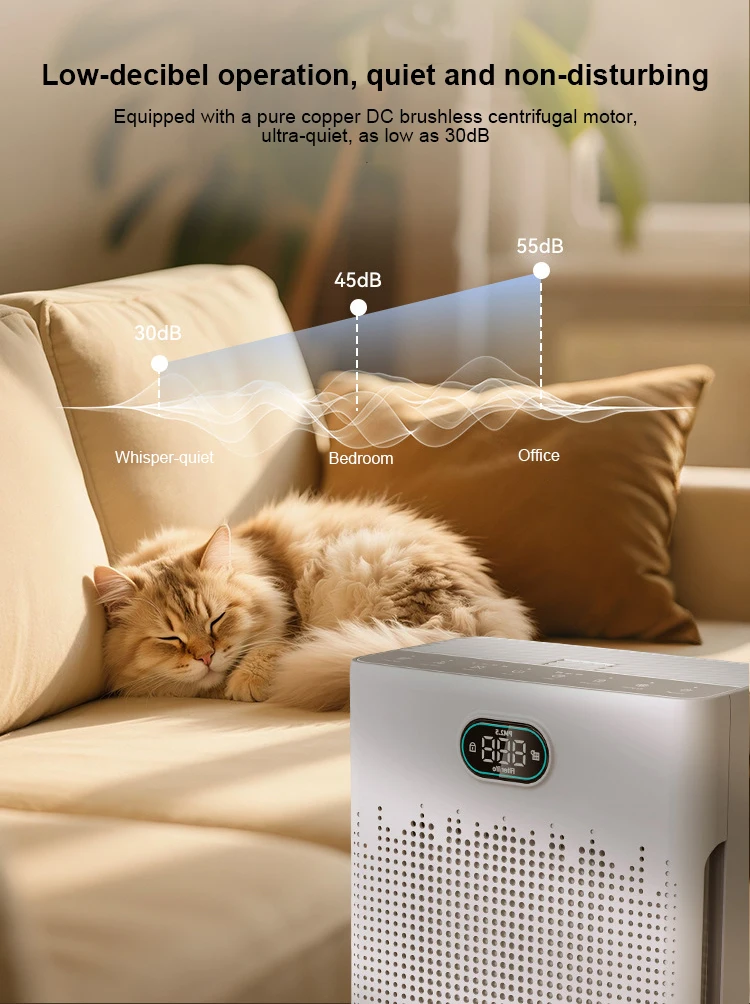 Ultra quiet 55dB operation bedroom living room pet friendly air purifier