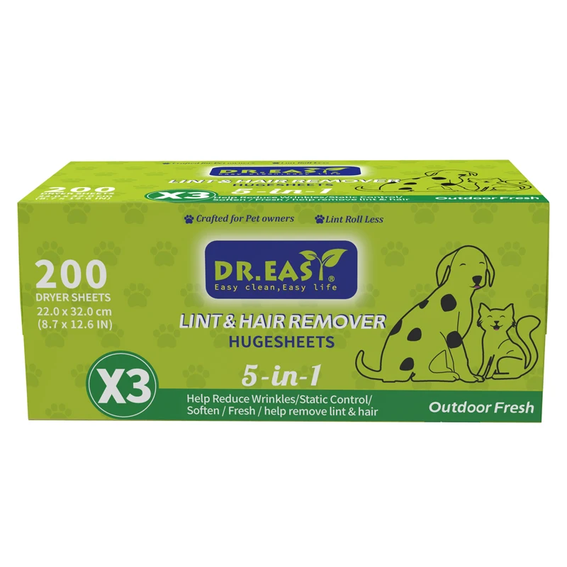 OEM Free Sample 5-in-1 Lint&Hair Remover Fabric Softener Sheets Dryer Sheets with Fresh Scent and Plant-based