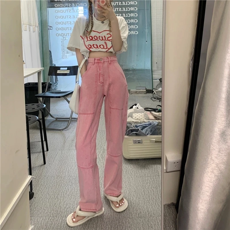 Baggy Jeans Cotton Straight Wide Leg Mom Fit High Waist Green Pink Solid  Y2K Jean Women 2021 Summer Denim Pants Female Trousers