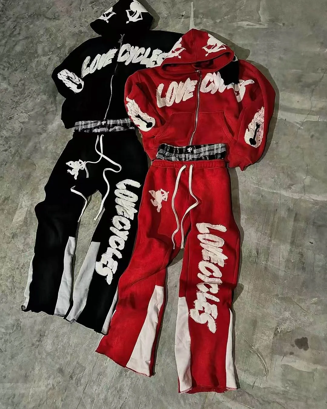OEM Custom Sweatsuit Two Piece Tracksuit Applique Distressed Embroidery Tracksuit Double Layer Sweatpants and Zip up Hoodie Sets