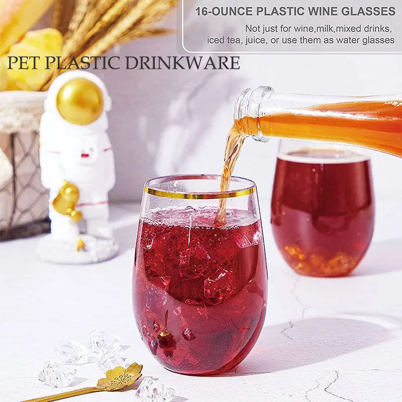 Bulk Pet Or Acrylic Plastic Wine Glass 14oz Custom Party Wedding Plastic Stemless Wine
