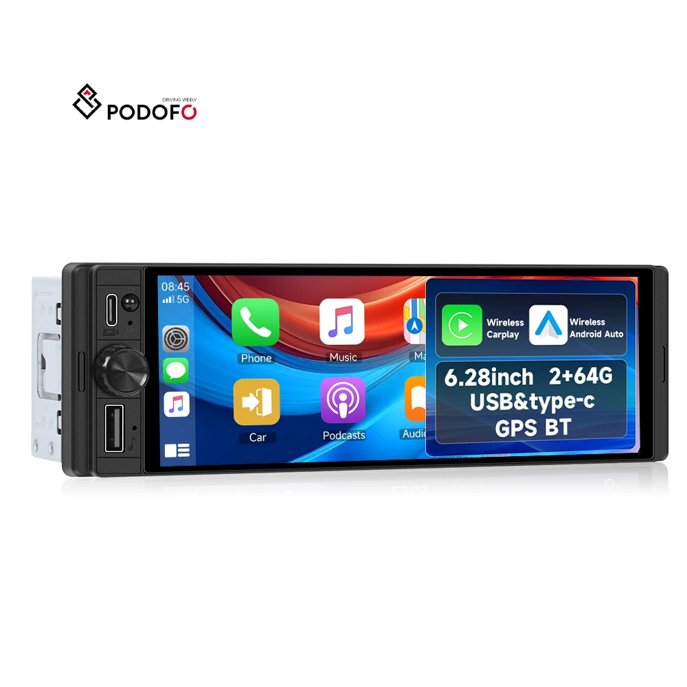 Podofo 6.28'' 2+64G Android Car Radio 1Din Android Autoradio Wireless CarPlay/Android Auto GPS WIFI DSP BT Incell Screen Stereo A4503