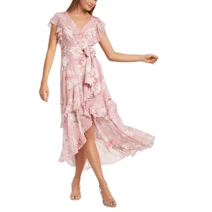 Women's Casual Summer Chiffon Dress with Floral Print Tie Waist Asymmetrical Front Hem Ruffled Sleeves Midi Length