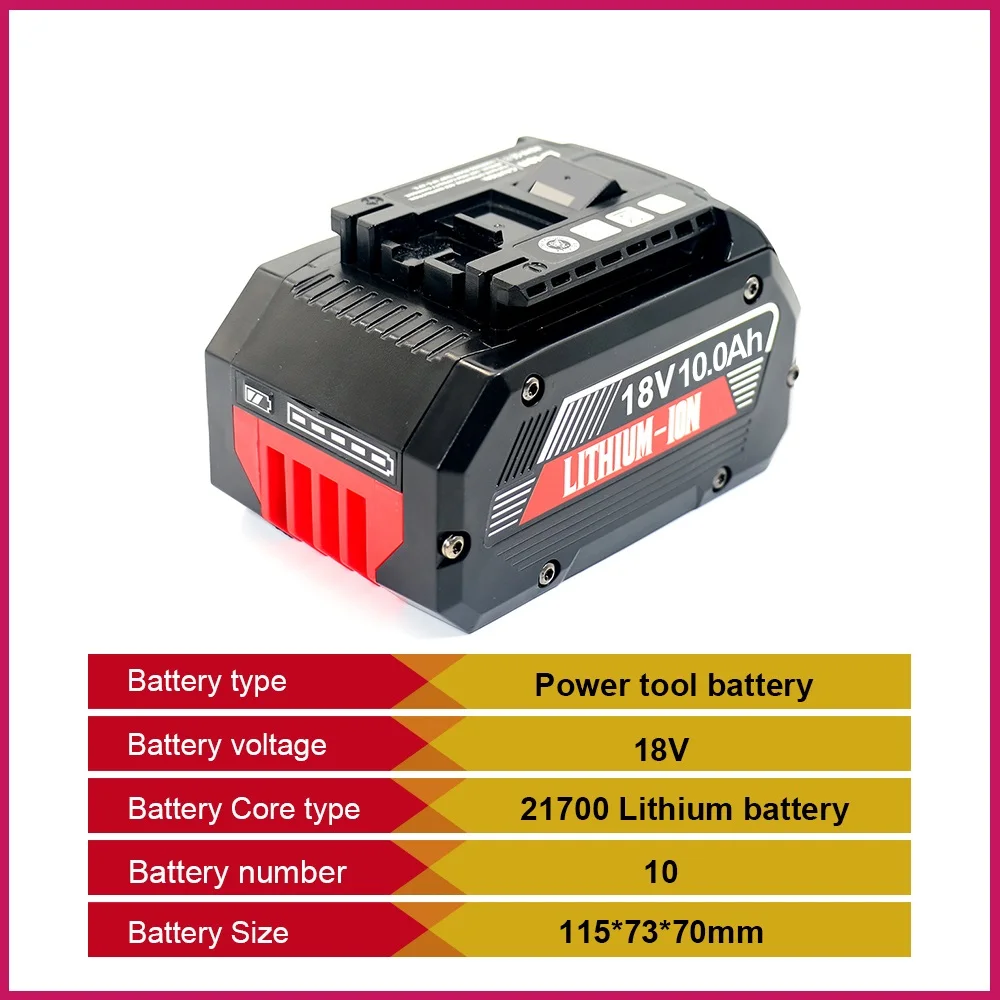 High Capacity 18V 10Ah 5S2P Rechargeable Lithium Battery Pack with 21700 Battery Cell for Bosch Electric Power Tools