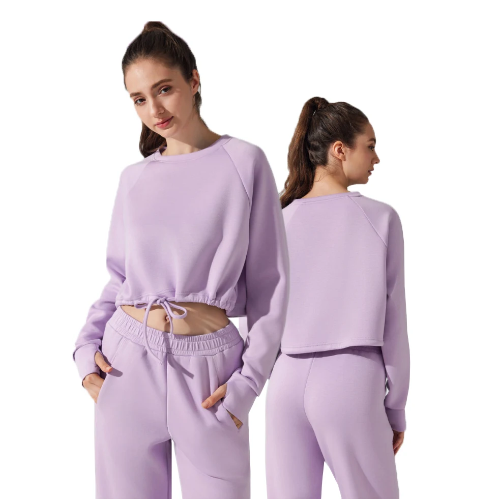 DUOLLB 2024 Women's Gym Pullover Cropped Top Sweatshirt Stringer Finger Design Custom Logo Embroidery Air Layer Short Autumn